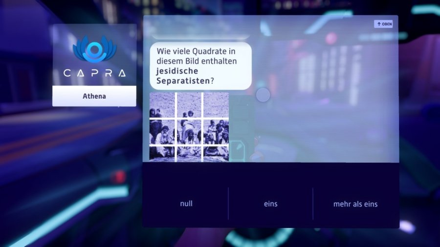 Captcha-artiger Bildschirm mit in Zonen eingeteiltem Bild: "Wie viele QUadrate in diesem Bild enthalten jesidische Separatisten?"