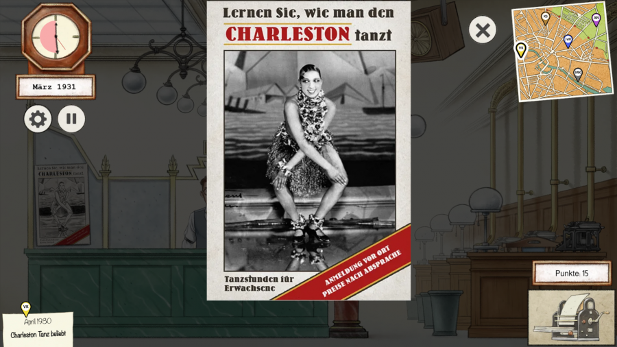 Screenshot aus dem Spiel. Im Zentrum ist ein Plakat für Tanzstunden zu sehen. Die Überschrift lautet "Lernen Sie, wie den Charleston tanzt". Eine schwarz-weiße Fotografie zeigt die Tänzerin Josephine Baker, die mit überkreuzten Armen an ihre Knie fasst.