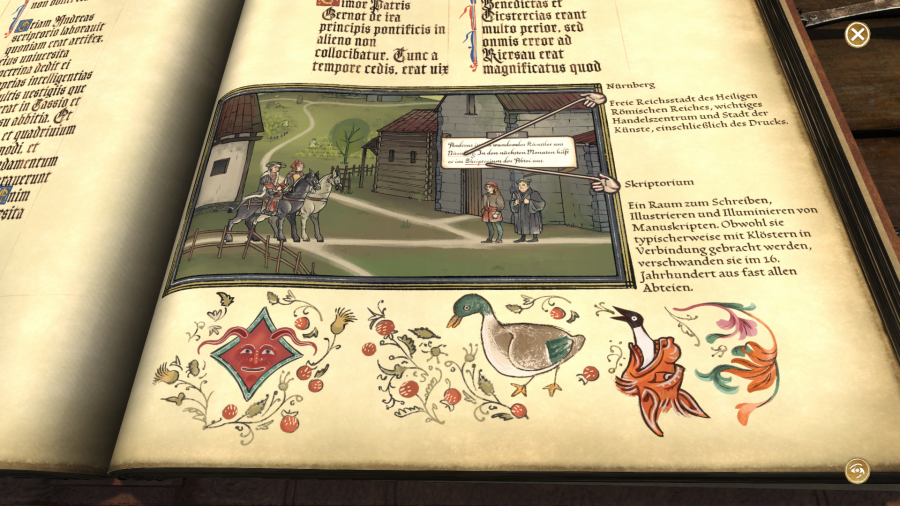 Ein mittelalterlich aussehendes Buch mit Stichworten und dem Bild einer Spielszene.