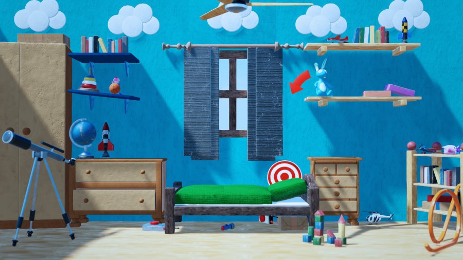 In diesem Level sieht man ein Kinderzimmer mit Spielzeug und vielen Regalen. Ein Stoffhase muss hier auf eine bestimmte Stelle auf dem Bett fallen.