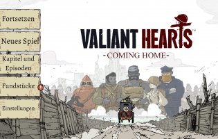 Screenshot des Startmenüs von Valiant Hearts – Coming Home. In der Mitte sind die Protagonisten zu sehen.