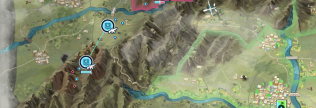 Ansicht des Spiels „Rebel Inc.“ Eine Landschaft von oben. Es sind verschiedene Zonen eingeteilt. Es sind Punkte für militärische Einheiten zu sehen.