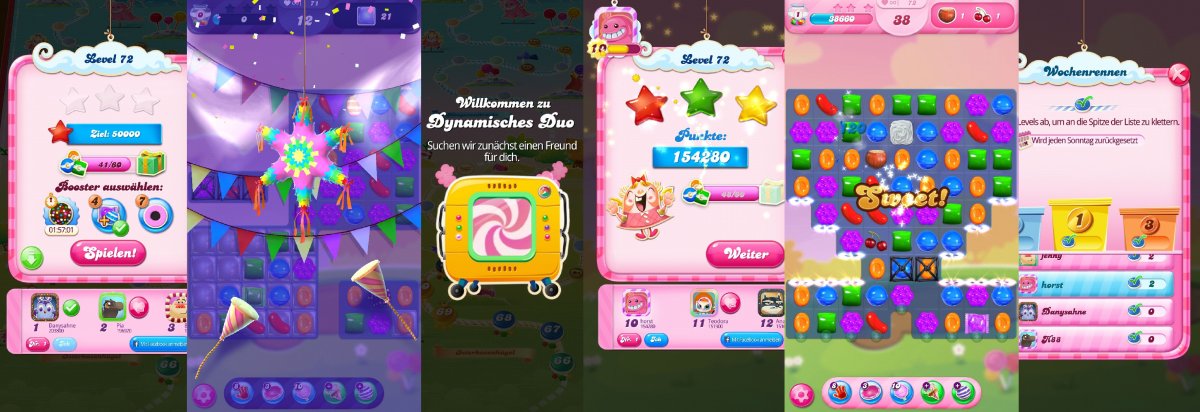 Viele Screenshots von verschiedenen Eindrücken im Spiel Candy Crush